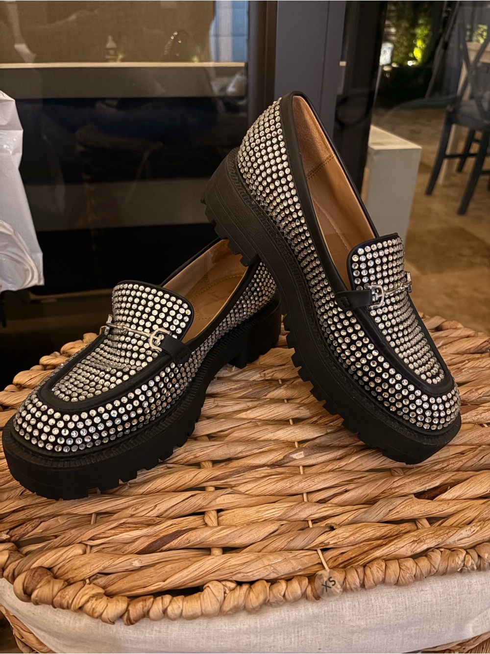 Women’s Black Rhinestone Loafers - Sparkling Platform Slip-Ons